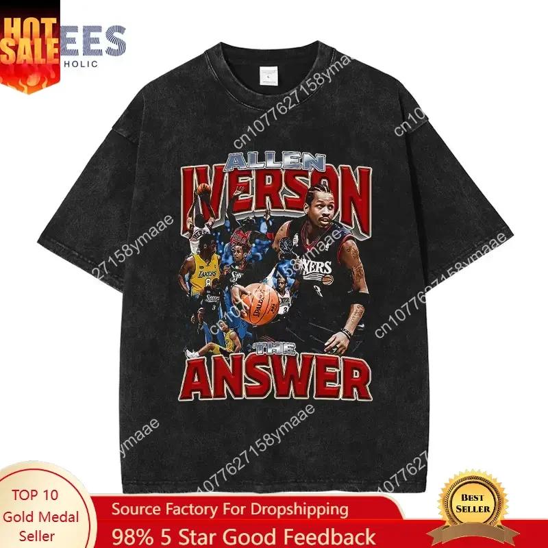 Basketball Player T Shirt Hip Hop Streetwear Vintage Washed Allen Iverson Top Tee Short Sleeve Harajuku Oversized T-shirt Men