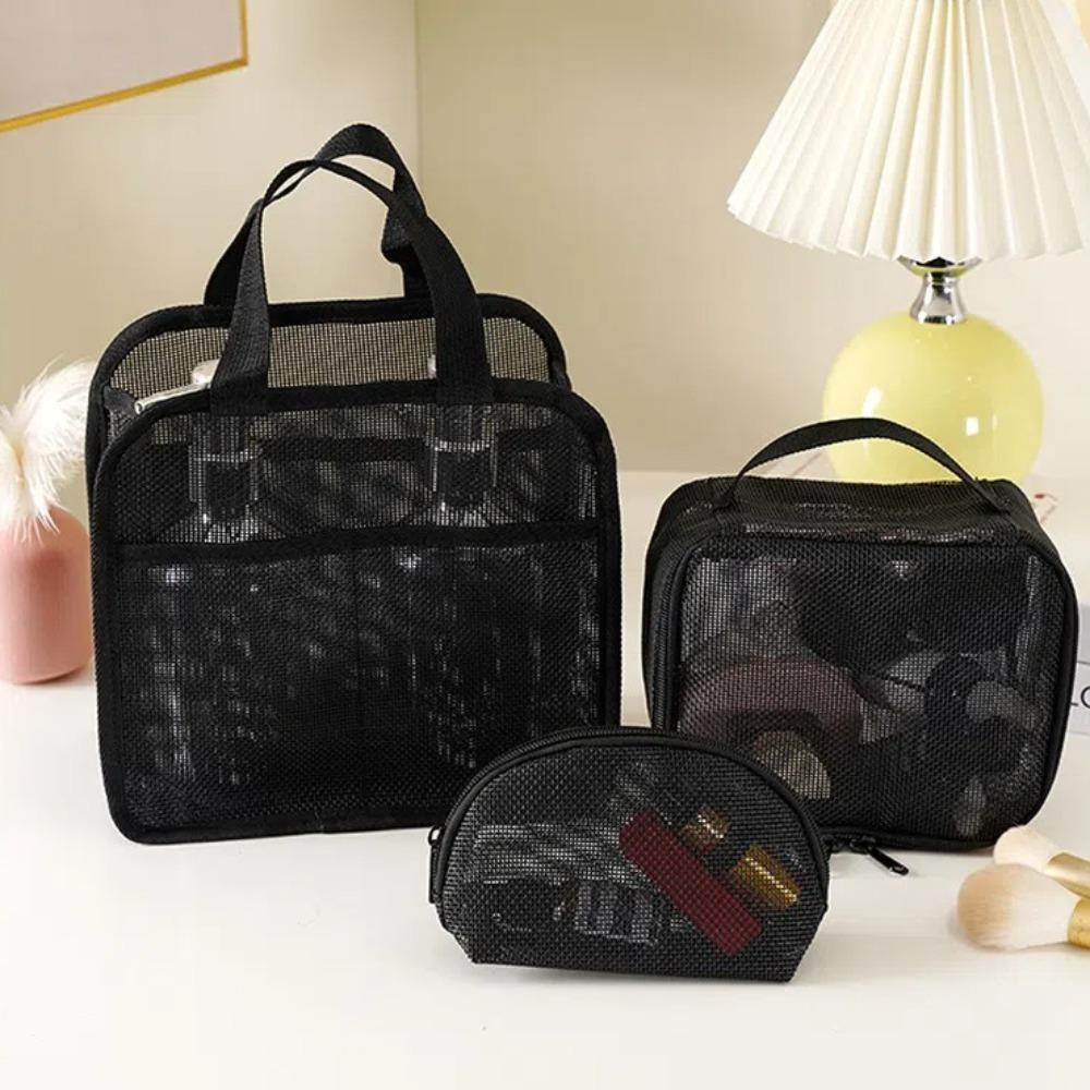Portable Large Capacity Mesh Makeup Bag Solid Color Handheld Cosmetic Organizer Bag Lightweight Toiletry Storage Bag