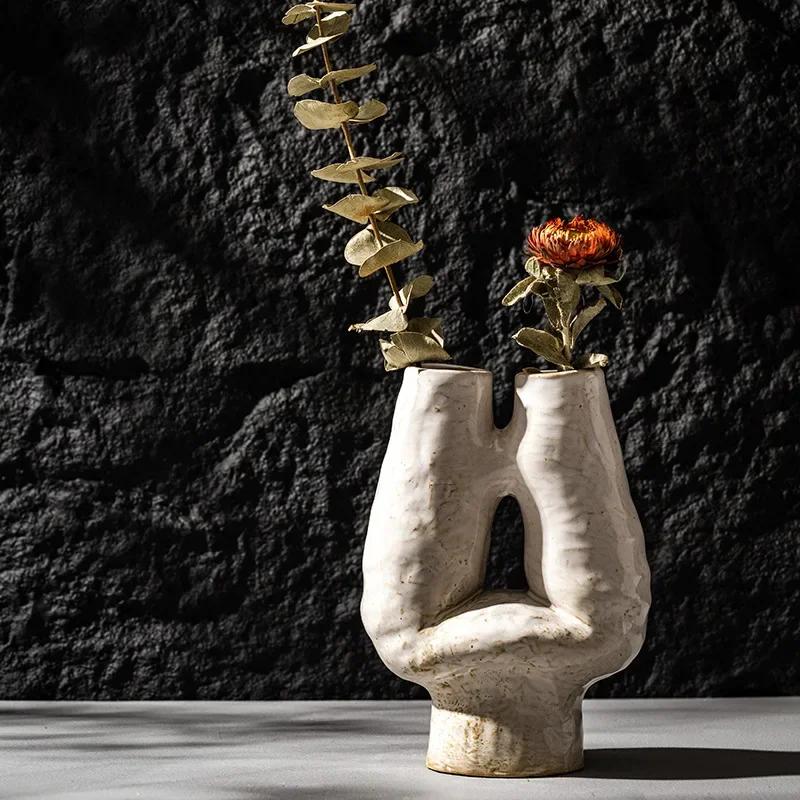 Ваза в форме буквы H с двойным горлышком, керамический фарфор, декоративный цветочный горшок в стиле скандинавского богемы, сухоцвет, офис Puweicao