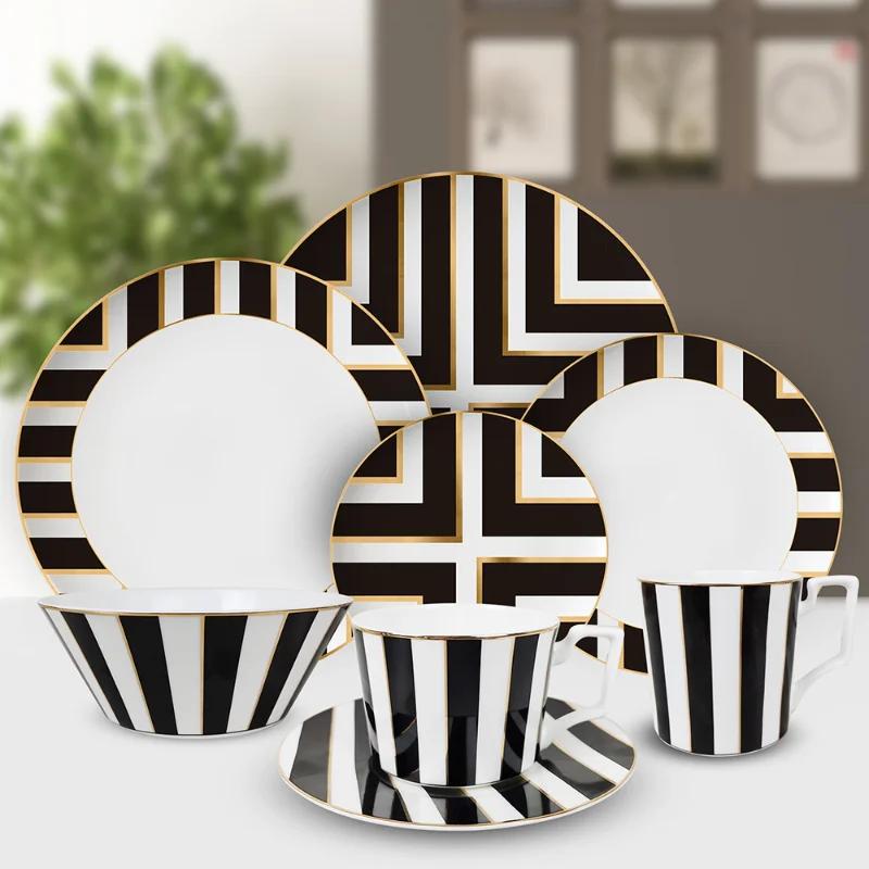 Тарелка из костяного фарфора, круглая тарелка, набор для ужина Platos Tray, узор в полоску, ресторанная решетчатая тарелка, золотое блюдо для еды, рождественские подарки