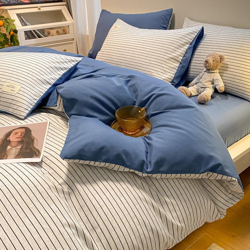 Простыня в клетку из четырех предметов и пододеяльник в японском стиле в скандинавском стиле, набор из трех предметов из стираного хлопка с начесом