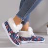 Fashion 2024 Winter New Women's Santa Print Canvas Shoes Fluffy Plush Lined Warm Slip-On Flat Shoes