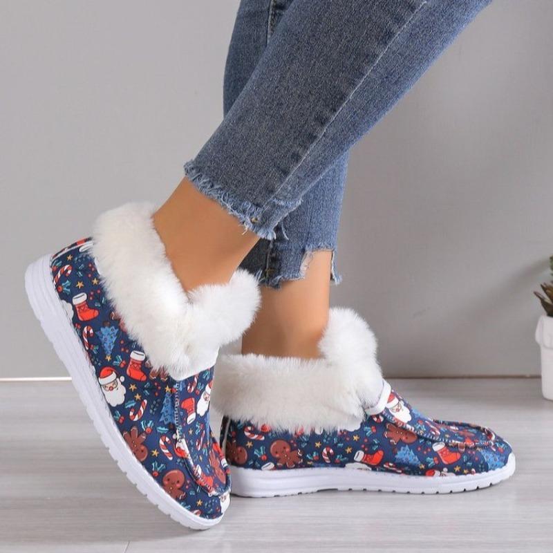 Fashion 2024 Winter New Women's Santa Print Canvas Shoes Fluffy Plush Lined Warm Slip-On Flat Shoes