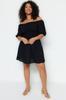 Women's Fashion Casual Short Sleeve Mini Black Woven Carmen Collar Waist Detailed Dress