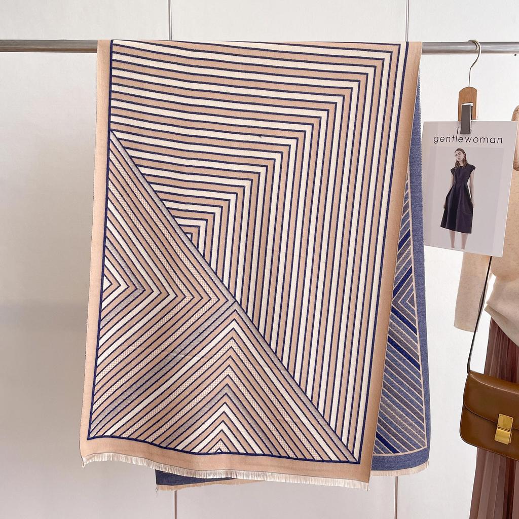 Striped Imitation Cashmere Double-Sided Scarf Simple Fashion Color Matching Warm Shawl Thickened Fringed Scarf Women