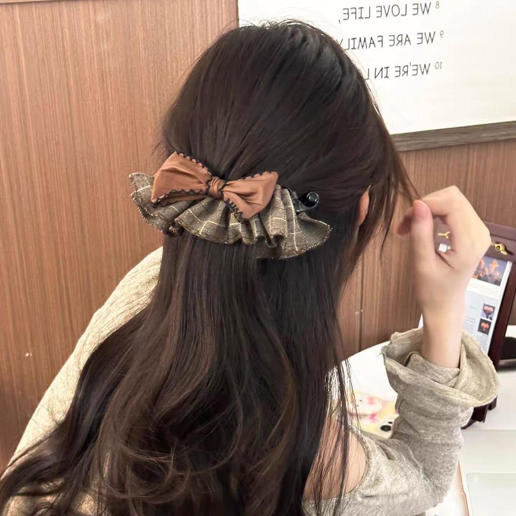New Vintage Korean Bow Hair Clips for Women Girl Elegant Retro Ladies' Plaid Skirt Hem Bow Hair Clip