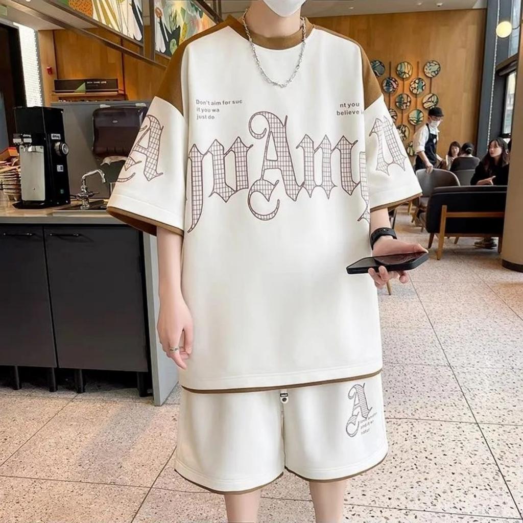 Летняя мужская модная персонализированная двухкомпонентная одежда с принтом букв, короткий рукав, шорты, дышащий комплект футболок для активного отдыха