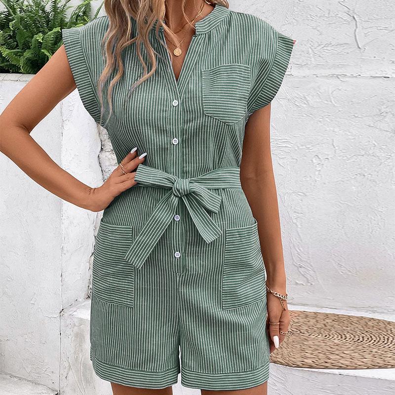 Summer Women Rompers Solid Color Playsuits Short Sleeve One-piece Shorts
