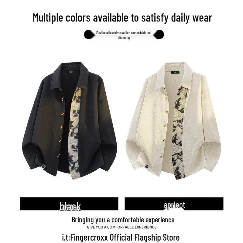 Fingercroxx Men's New Chinese Style Color-Block Long-Sleeve Shirt