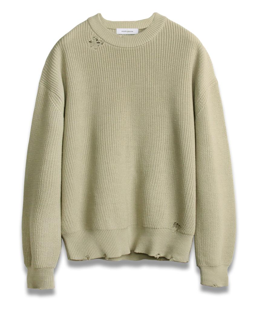 DOFFJASON Leather Patched Damaged Knit L.Green