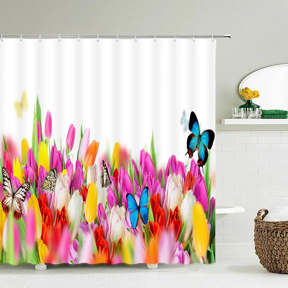 Тюльпан Роза Свежие цветы Шторы для душа Водонепроницаемая полиэфирная ткань 3D Печатный экран для ванной комнаты Украшение дома Занавеска для душа