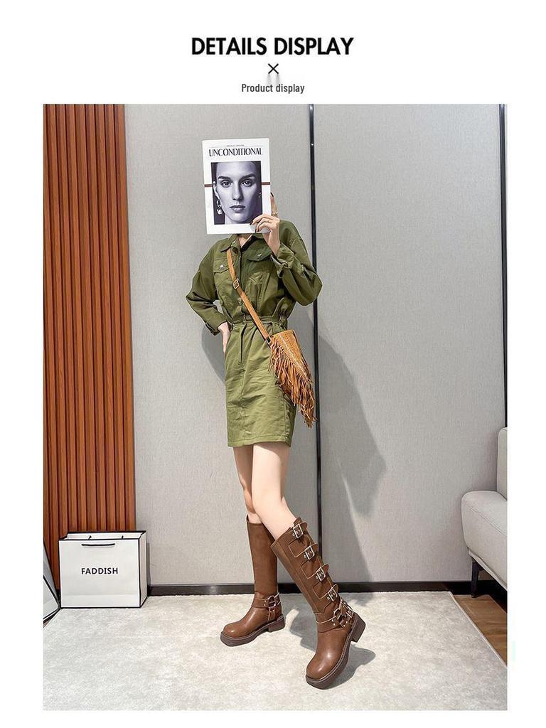 Women's Vintage Brown Over-the-Knee Western Boots with Belt Buckle and Chunky Heel for Spring/Summer