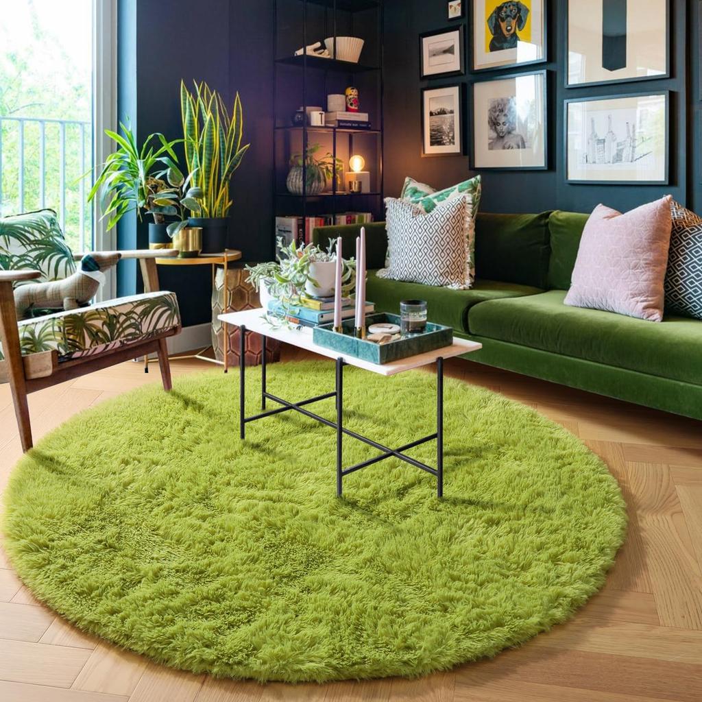 Grass Green Round Rug for Bedroom Home Decor Fluffy Shag Circle Area Rugs Kids Room Classroom Nursery Living Room Decor