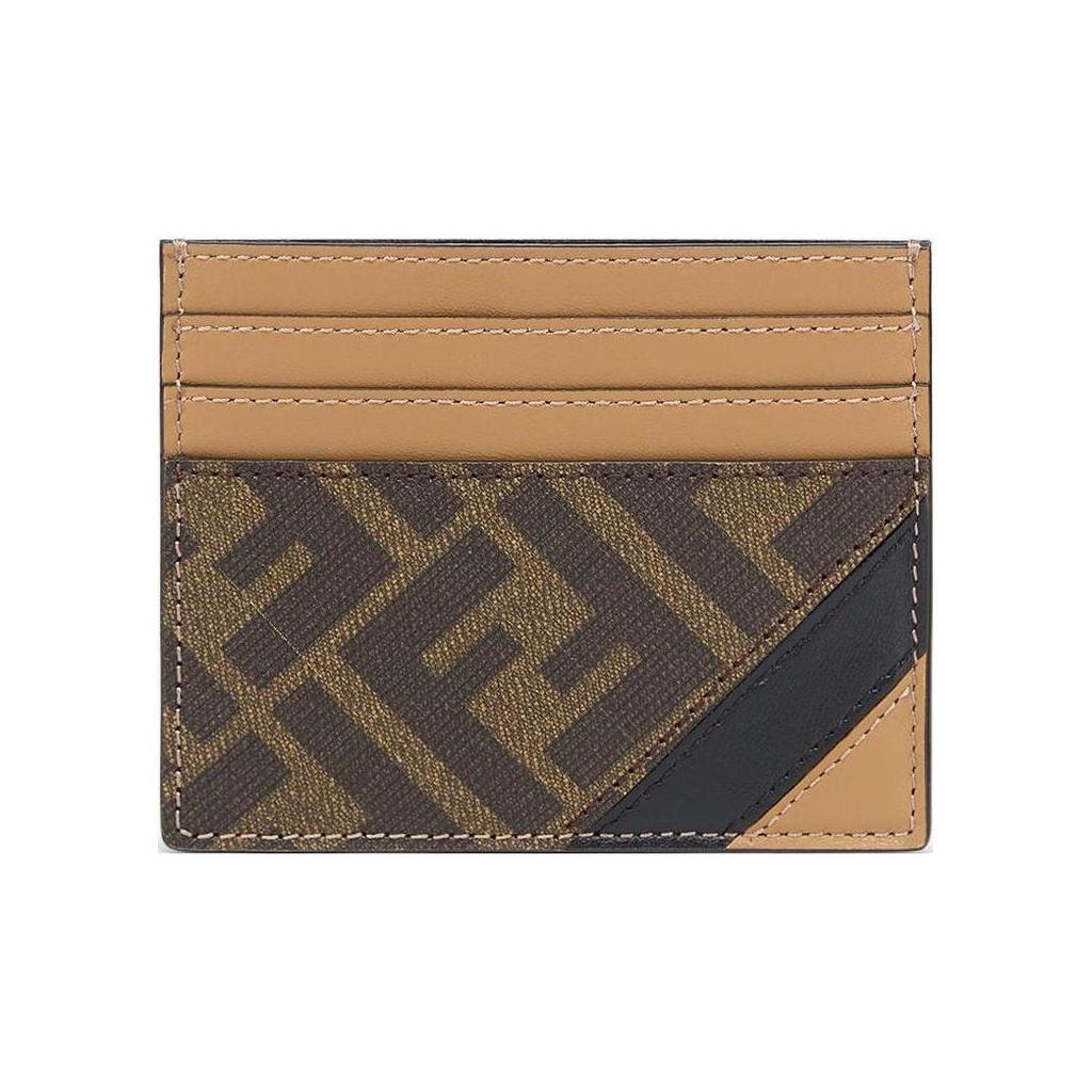 Fendi Классический держатель для карт из телячьей кожи с контрастной полосой и логотипом Double F для мужчин, коричневый
