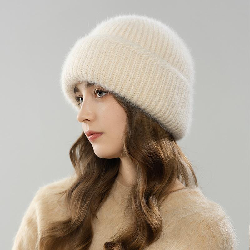Autumn and winter new angora rabbit fur hat warm knitted hat simple big head circumference girls hat