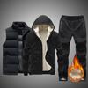 Men's Autumn and Winter Down Hooded Cotton Jacket Warm Vest Cotton Pants Casual Warm Three-piece Suit