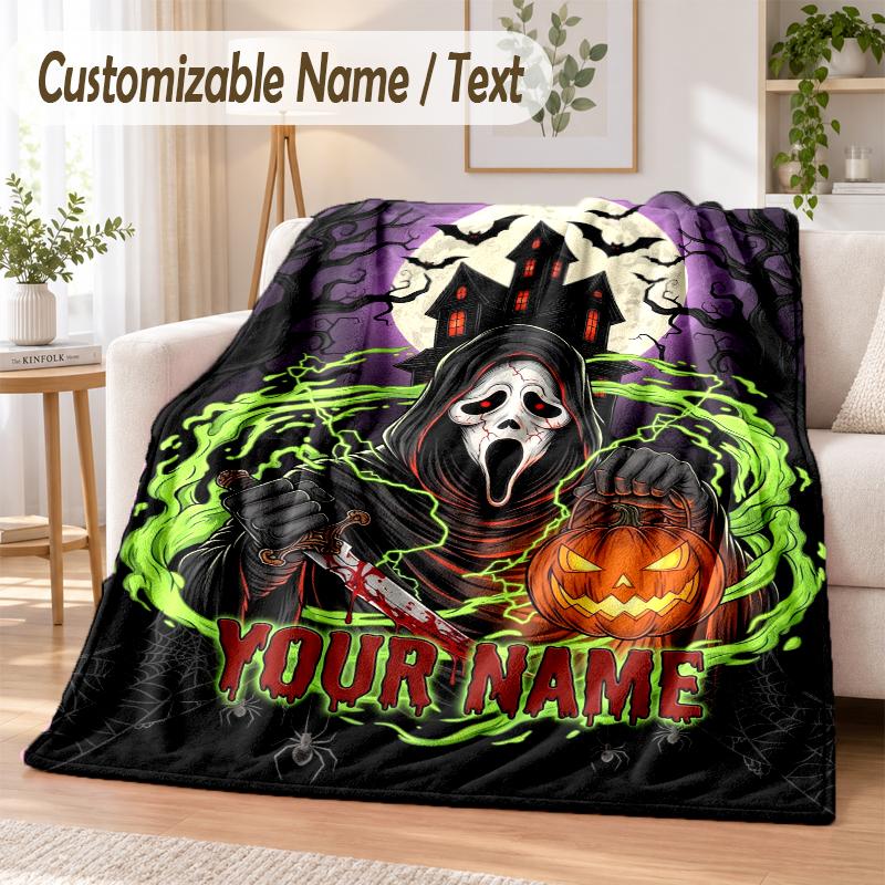 Scream Ghostface Custom Name Flannel Throw Blanket Soft Warm for Sofa Bed Indoor Home Use