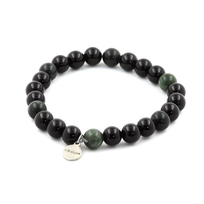 Stones and Minerals. Black Agate + Seraphinite from Russia 8 Mm Pearl Bracelet. Made In France.
