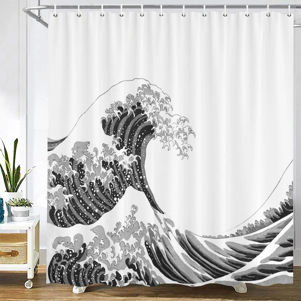 Japanese style sea waves shower curtain bathroom curtain with Hooks waterproof fabric bath curtain for home bathroom decor