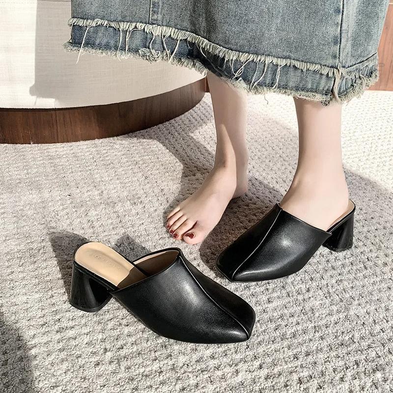 Новые женские полутапочки Baotou с квадратным носком на высоком каблуке, модная уличная обувь на толстом каблуке, однотонные мюли, шлепанцы