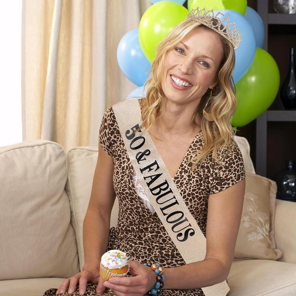 Happy 50th Birthday Decorations, 50th Birthday Tiara Crown, Gold 50Year Old Birthday Party Decorations for Women Gifts