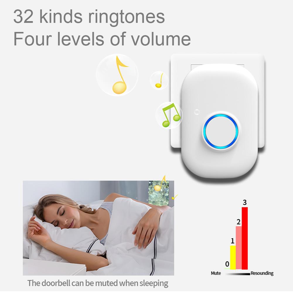 Wireless Door Bell IP44 Waterproof Doorbell Chime 656ft Range Portable Door Chime Kit with 32 Music 4 Volume Levels for