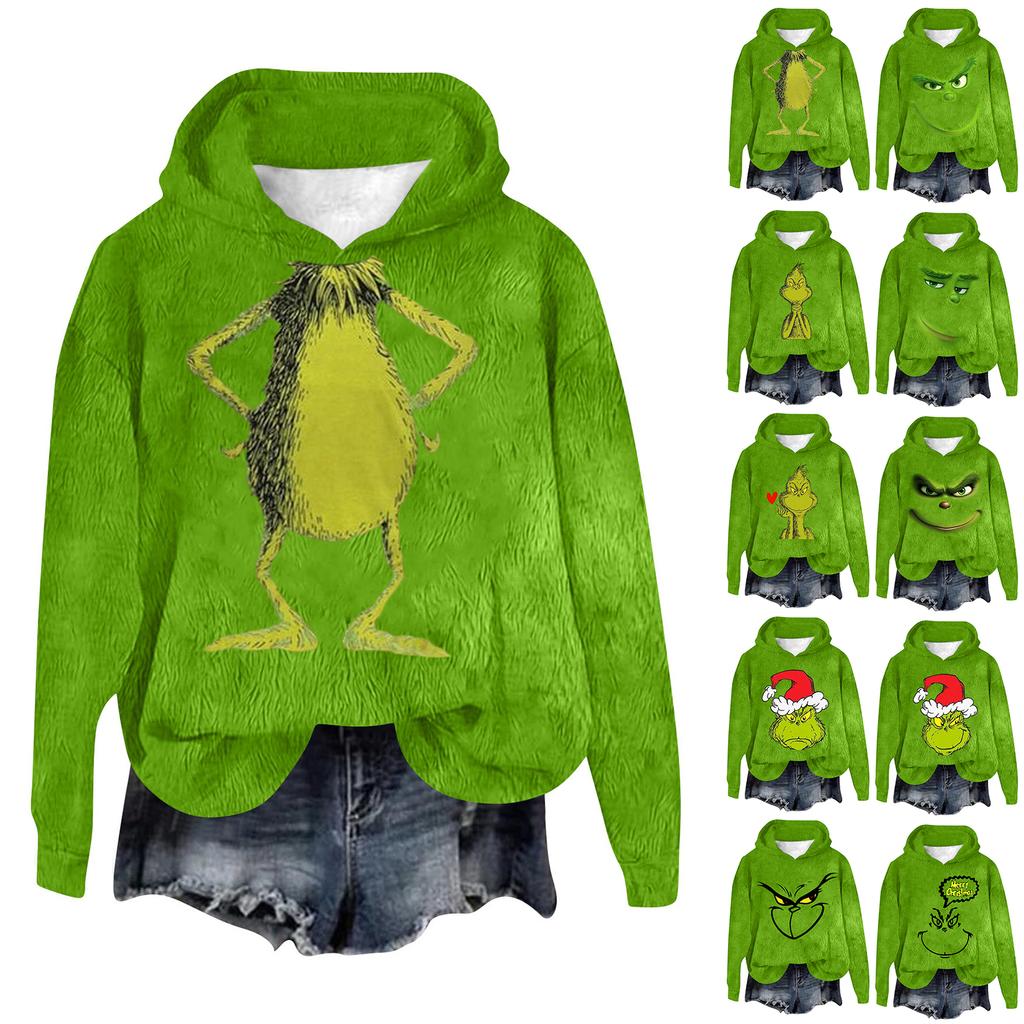 Women's Hooded Long Sleeve Christmas Printed Flannel Top Hooded Sweatshirt