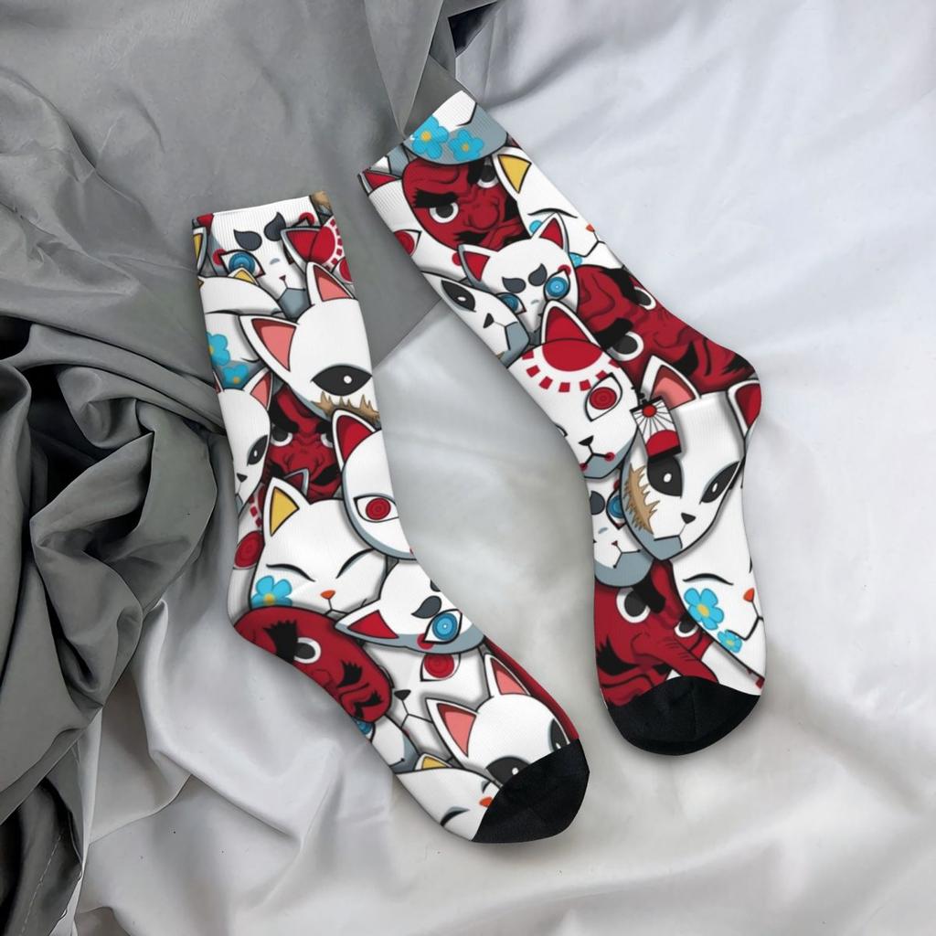 Носки с масками демонов, весенние чулки с принтом аниме, кавайные мужские носки высокого качества, графические велосипедные противоскользящие носки