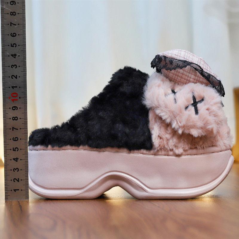 Дизайнерские женские тапочки с бантом для дома, туфли на каблуках 5 см, туфли на платформе, женские тапочки в готическом стиле JK, пушистые меховые шлепанцы, домашняя обувь