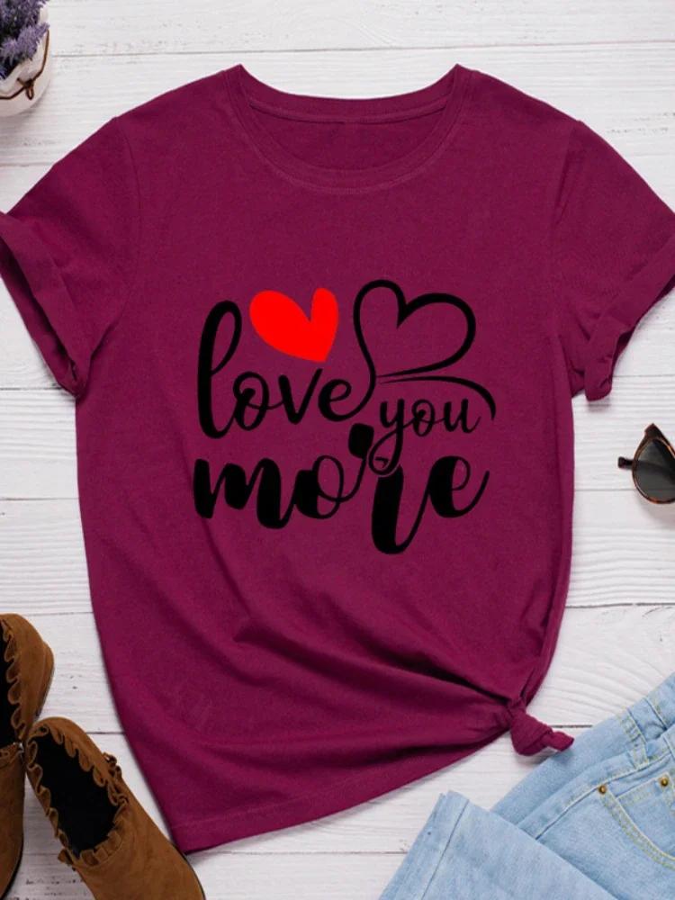 Love You More Heart Print Женская футболка с коротким рукавом и круглым вырезом Свободная женская футболка Женская футболка Топы Одежда Camisetas Mujer