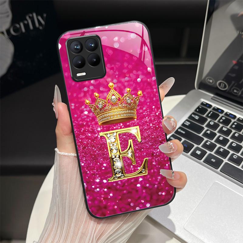 For Realme 8 Case Fashion Letters Hard Tempered Glass Back Cover For Realme 8 Pro 8i Realme8 4G RMX3085 Phone Case Luxury Coque