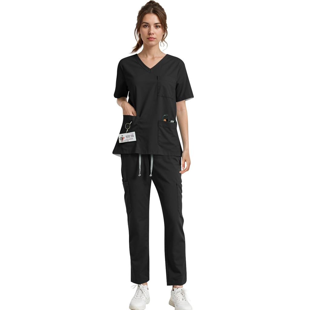 Soild Scrub Working Uniform Suit For Women's Cross V-Neck Short Sleeve Fun T-Shirts Workwear Tee With Pockets