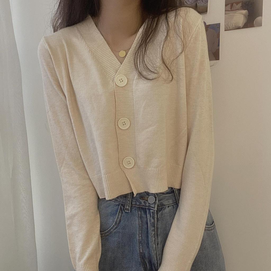 Однобортный пуловер с v-образным вырезом на пуговицах, свитера для женщин, осень-весна, короткий рукав с длинным рукавом, маленькая свежая верхняя одежда, вязаные топы-кардиганы, один размер, однотонный