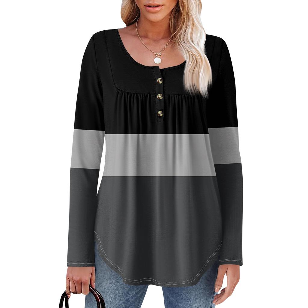 Женская туника с длинным рукавом, свободные топы, повседневные топы оверсайз, плиссированная туника, застегивающаяся на пуговицы, повседневные женские топы с принтом