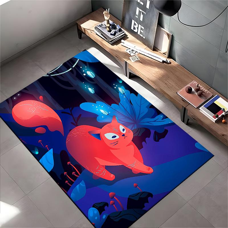"Colorful Cartoon Fox in Enchanted Forest Pattern Area Rug Decor" Suitable for use as an anti-slip for living room bedroom sofas