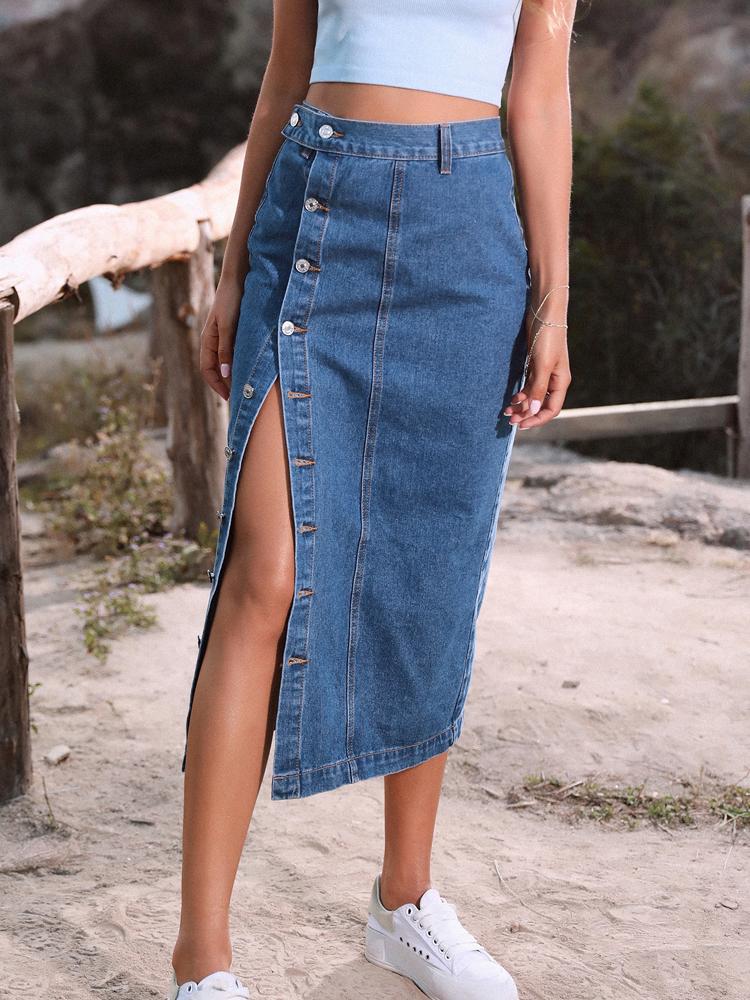 Ayollar Modasi Yuqori Bel Denim Yubka Yirtig'i Uzun Jinsi Yubka