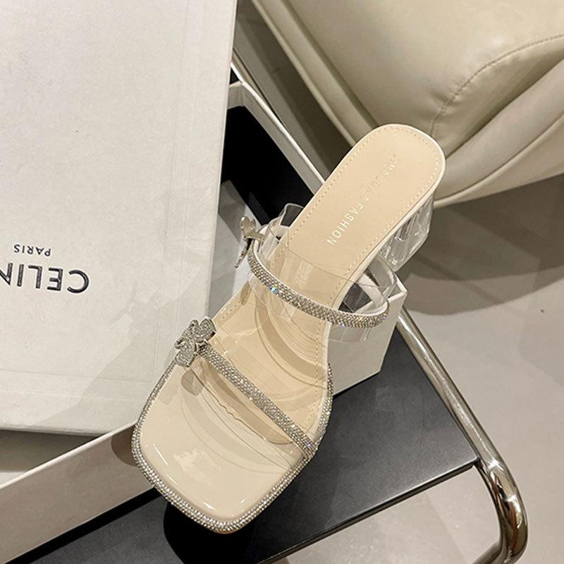 Fairy Wind High-heeled Slippers Female Summer Wear 2025 New Transparent Rhinestone One-word Drag Crystal Thick-heeled Cool Slippers