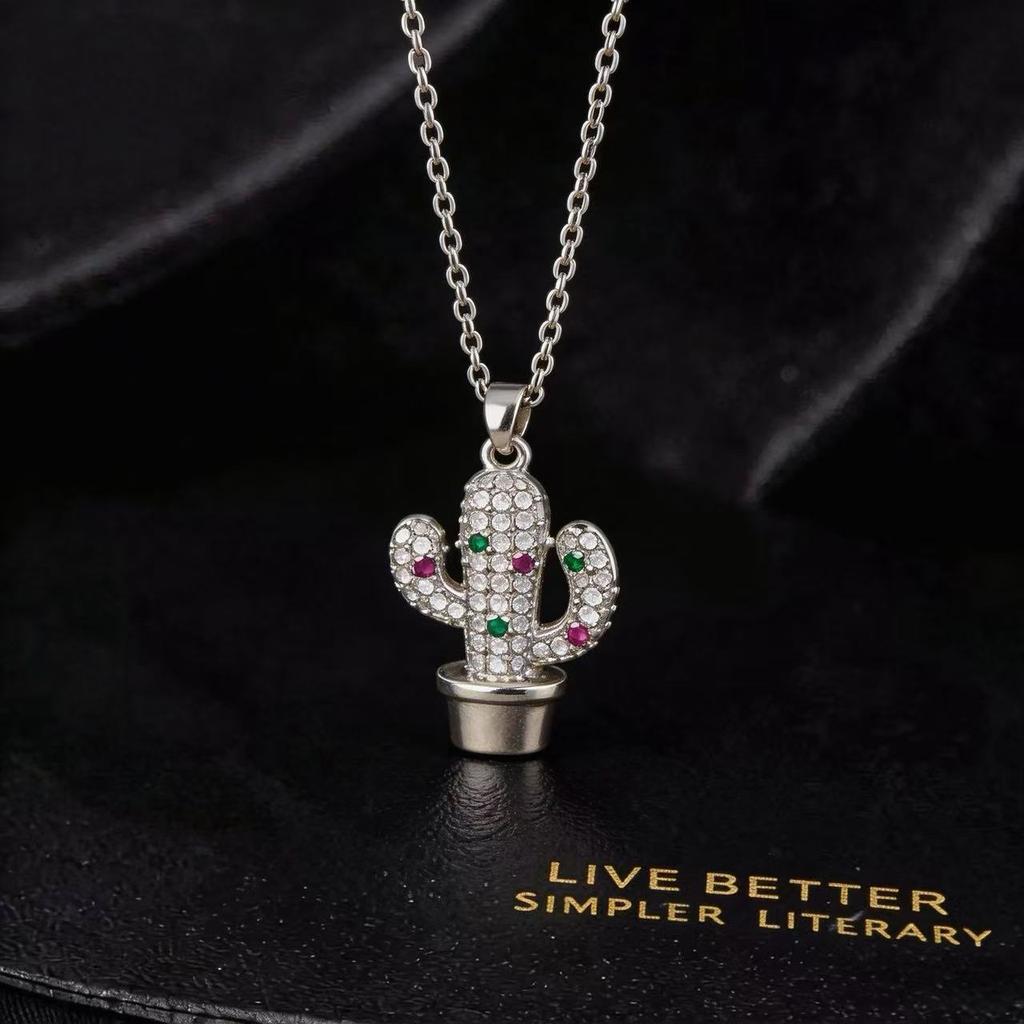 Creative Plant Cactus Clavicle Chain European American Dripping Enamel Alloy Personalized Printed Pendant Necklace For Women