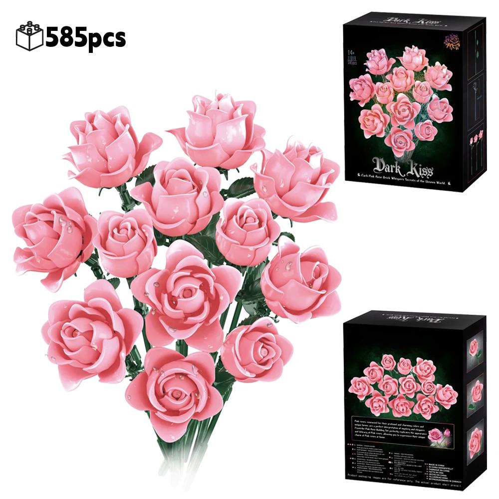 585Pcs Gothic Black Pink Blue Rose Flower Bouquet Building Blocks Set Creative Decoration Valentine Gift Idea Beautiful Box