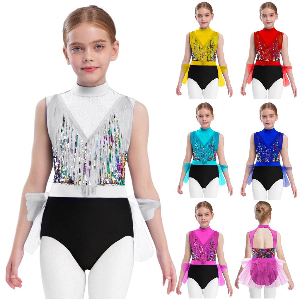 Girls Latin Dance Dress Sleeveless Cutout Back Tassels Shiny Sequins Color Block Performance Costume