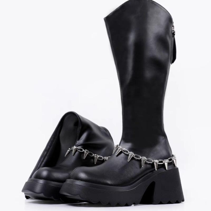 Chain High Heels Women Knee High Boots Fad Platform Leather Shoes Brand Designer Chunky Shoes Winter 2025 Trend Goth Botas Mujer