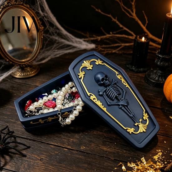 Creative Skull Relief Box Gothic Casket Jewelry Box, Resin Spooky Storage Figurine for Desktop Sundries Organizer Rings, Halloween Dark Tabletop