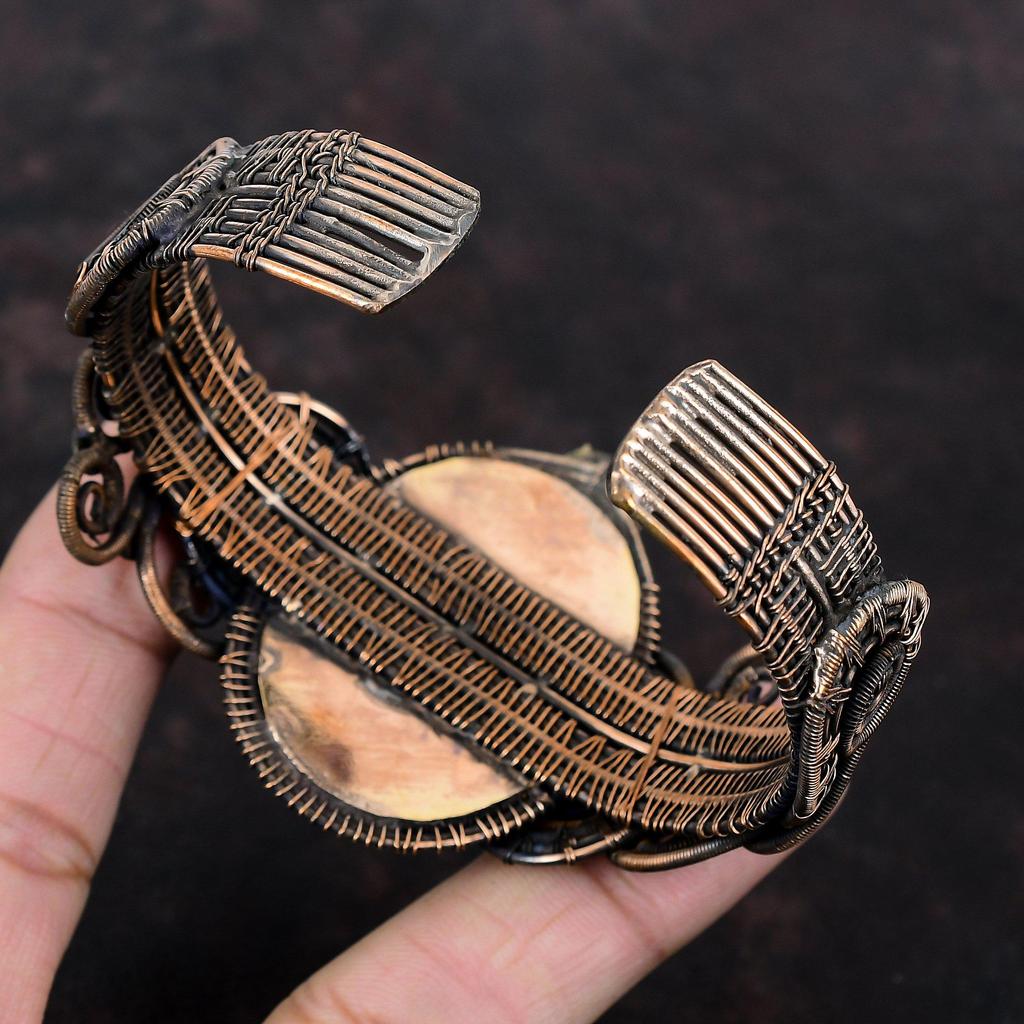 Браслет-манжета из яшмы Малигано, медная проволока, ювелирные изделия из драгоценных камней, регулируемый браслет, браслет с цветами ручной работы, подарок для нее, браслет из медной проволоки