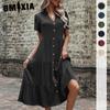 Women's Fashion Summer Spring Solid Color Print Short Sleeve V-Neck High Waist Casual Dresses