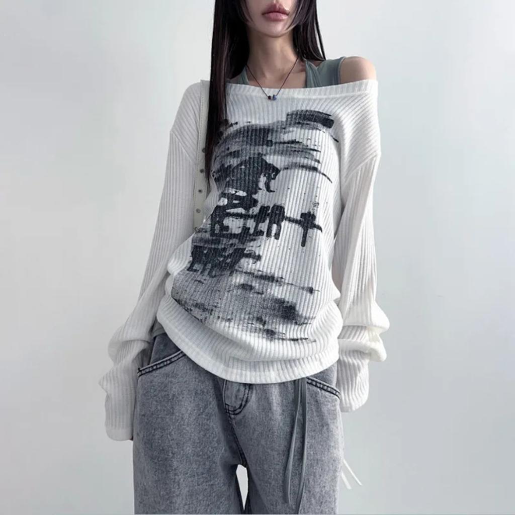 VAYLA Осень Харадзюку Женские футболки с принтом Винтажная уличная одежда Гранж Асимметричный воротник Топы Эстетика Y2k Свободные Повседневные Хип-хоп Винтажные топы