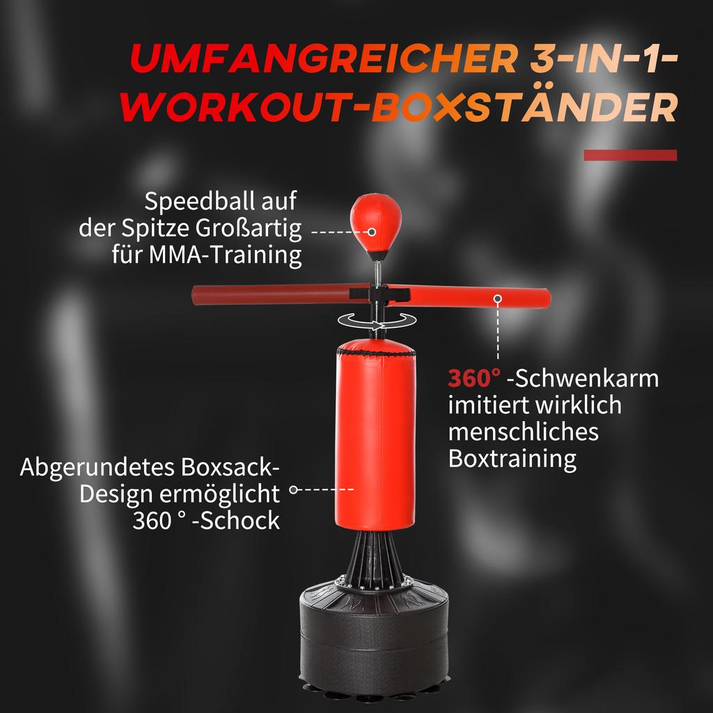 155-205cm 3-IN-1 Freestanding Boxing Punching Bag Stand, Boxing Speed Trainer with Rotating Flexible Arm, Speed Ball, Fillable Base, Red
