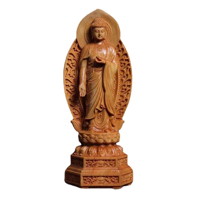 Boxwood Carving The Three Saints of the West Buddha Statue of Tathagata Guanyin Home Buddha Hall Worship Wooden Crafts Gift