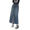 Women Retro Midi Skirt High Waist Button-Zipper Closure Denim Skirt Multi Pockets Front Slit Design Washed Denim Skirt