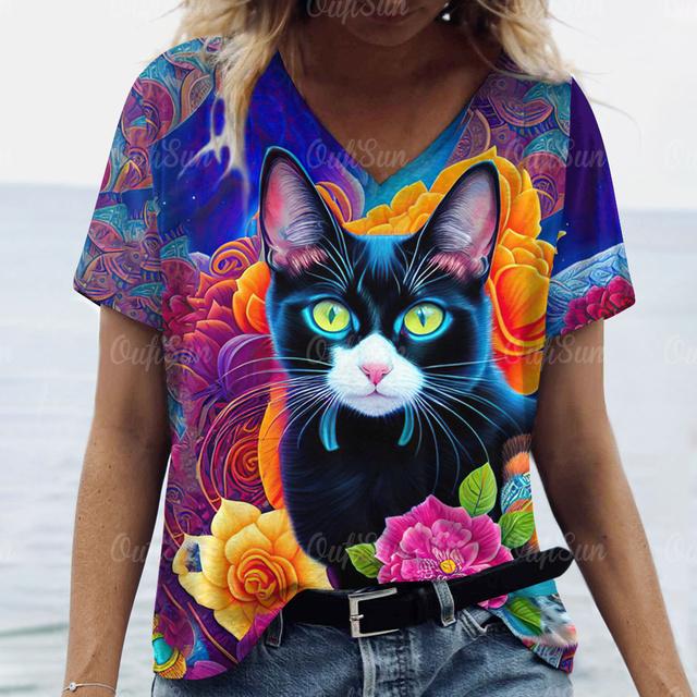 Летняя модная женская одежда с v-образным вырезом, большие размеры, футболки с короткими рукавами, женская повседневная футболка с принтом животных, трендовая милая блузка