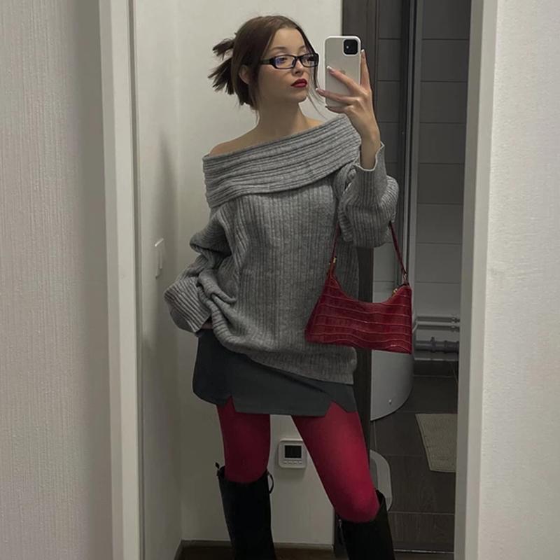 Свитер с открытыми плечами для женщин, осень-зима, свободный, с длинным рукавом, вязаный, женский, уличный, повседневный, большой, топ, пэчворк, свитера для поездок на работу, женские